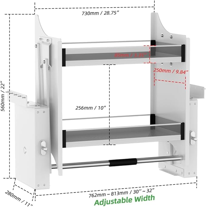 2-Tier Pull-Down Shelf, Cabinet Organizer Drop Down Sliding Shelf Space Saving Kitchen Organizer Spice Rack, 30-32 Inch Width, White