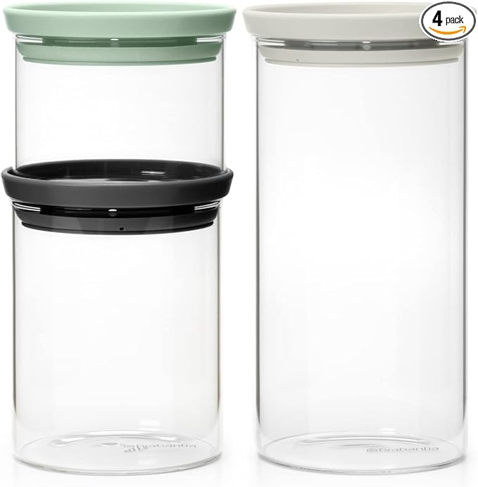 Brabantia 3pc Stackable Glass Food Jars (Mixed Colors) 0.08 + 0.16 + 0.3 Gal Heat-Safe, Dishwasher-Safe, Air-Tight Pantry Organizers