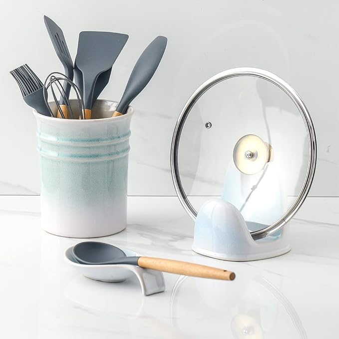 Nihow Pot Lid Holder: Stable Ceramic Pan Lid Holder for Kitchen Counter Decor/Counter top/Stove Top- Heat Resistant & Dishwasher Safe - Elegant White & Green (1 PC)