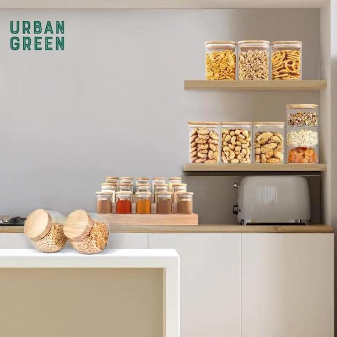 Urban Green Glass Jars with Bamboo Lids, Square Glass Jar with airtight lids, 6 pack of 28oz, Food Storage Containers with bamboo lids, Panty Jars