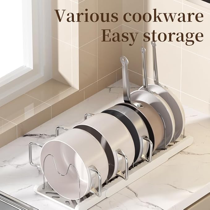 Pot Rack -Expandable Pan Organizer for Cabinet,Pot Lid Holder with 7 Adjustable Compartment for Kitchen Cabinet Cookware Baking Frying Rack,Apricot