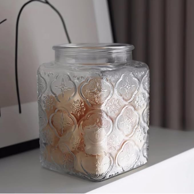 ANSQU 25.3 FL OZ Square Glass Jar, Glass Storage Canister with Airtight Lid, Glass Food Storage Containers for Candy, Coffee, Tea, Canning, Cute Jar (Square Begonia)