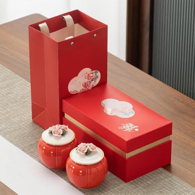 the wonderful years of youth Ceramic Storage Jars, Vintage Chinese Style Storage Jars with airtight Traditional Tea Tins Cans Canister for Kitchen Spice, biscuit,Tea, candy,Coffee,red,pink (Pink)