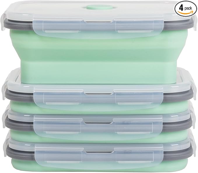 Collapsible Food Storage Containers with Lids & Vent, 27 oz, Kitchen Stacking Silicone Collapsible Meal Prep Container Set for Leftover, Microwave Freezer Dishwasher Safe, Mint Green, 4 Pack