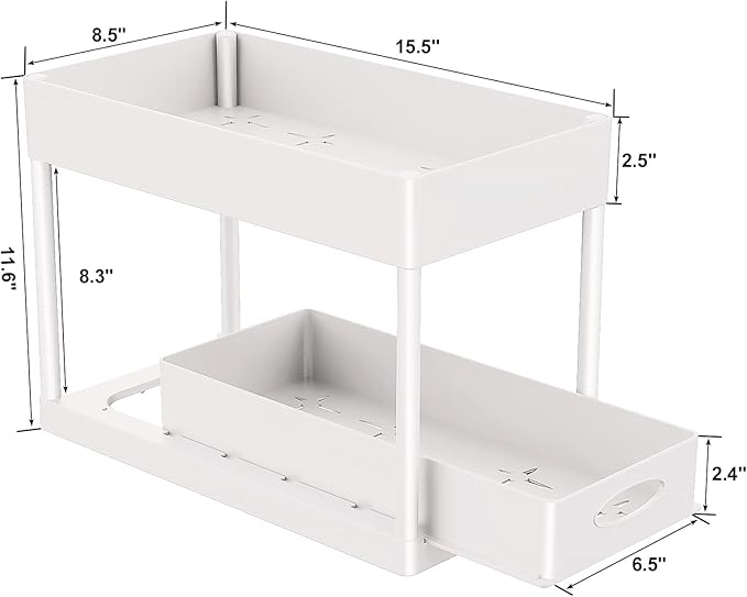PUILUO Under Sliding Cabinet Basket Organizer, 2 Tier Under Sink Organizers White Under Sink Storage for Bathroom Kitchen