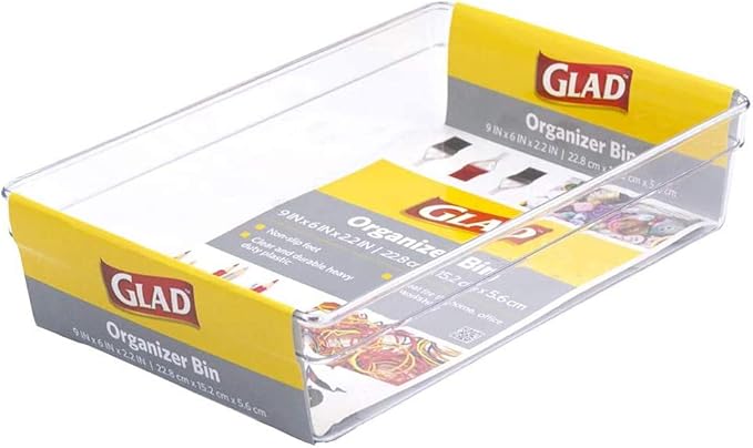 Glad Plastic Drawer Storage Tray – Heavy Duty Organizer Bin for Home, Kitchen, Bath, Bedroom, Office | Non-Slip Feet, 9x6, Clear
