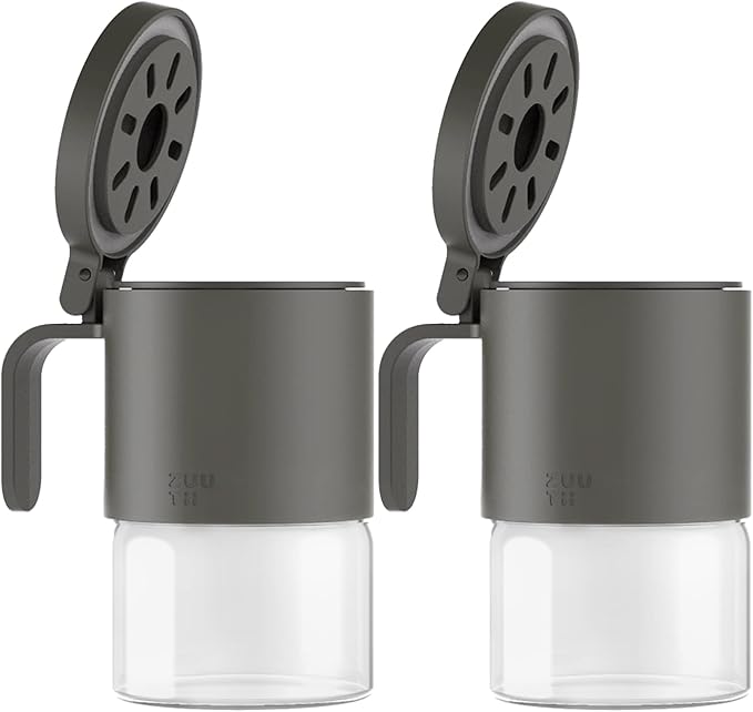Zuutii Glass Spice Jars Moisture-Proof Spice Containers with Spoons, Set of 2 10oz/300ml Spice Bottles, Mini Seasoning Storage Jars with Flapper Caps for Salt, Sugar, Peppers, Chili in Kitchen Grey