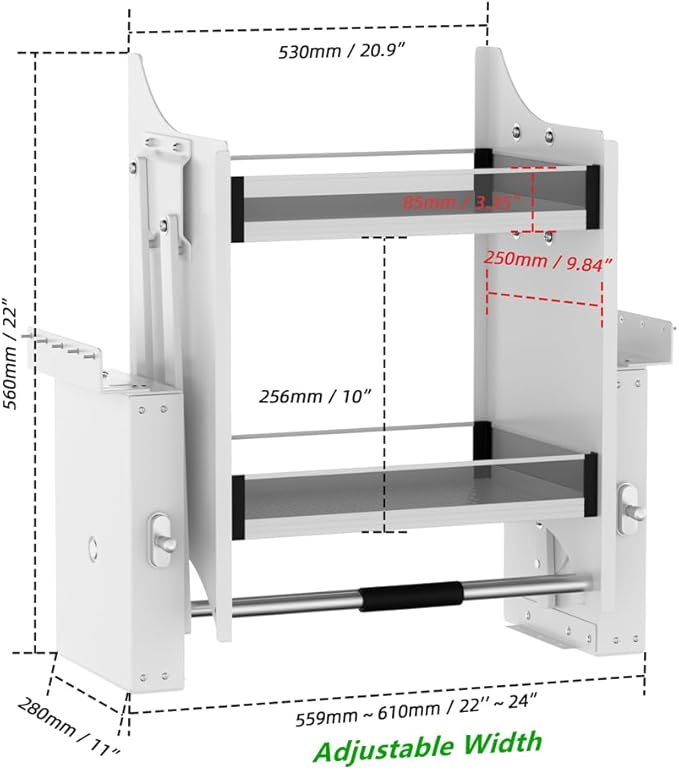 Pull Down Shelf, Kitchen Wall Cabinet Upper Storage Organizer, 2 Tier Kitchen Shelf Spice Rack, 22-24 Inch Width, White