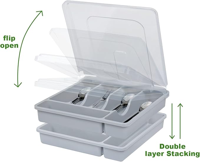 Silverware Holder with Lid, Double Layer Utensil Tray with Cover Large Flatware Organizer Plastic Cutlery Container for Kitchen Drawer Countertop 10 Compartments, Grey
