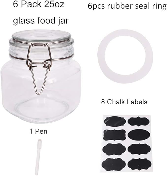 6 Pack 25 oz Glass Jars With Lids And Rubber Gasket, Wide Mouth Mason Jars With Hinged Lids For Kitchen Canisters, Glass Food Storage Containers For Pasta,Coffee, Coookies (25oz)