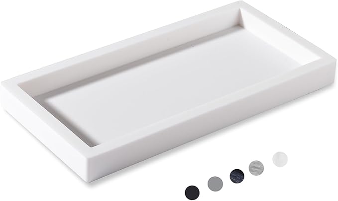 Small Silicone Bathroom Vanity Tray Rectangle Soap and Sponge Holder Kitchen Sink Organizer for Scrubber, Lotion Bottles, Perfume, Jewelry, Candle, Key Trinket Ring, White