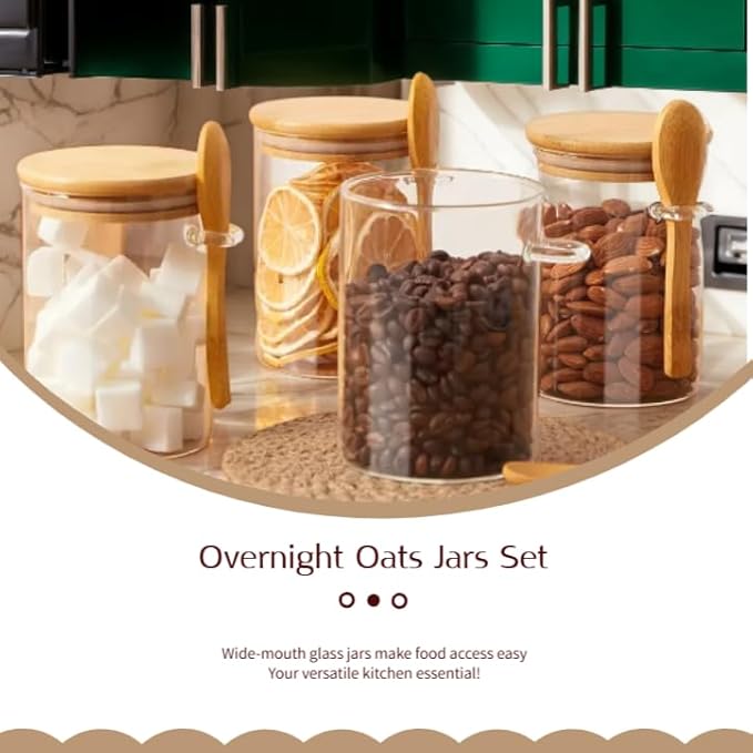 4-Pack 17oz Glass Jars for Overnight Oats, Chia Pudding & Meal Prep – Airtight Containers with Bamboo Lids & Spoon, Includes Labels