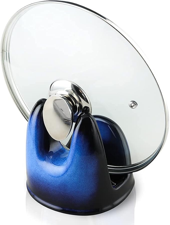 Nihow Pot Lid Holder: Stable Ceramic Pan Lid Holder for Kitchen Counter Decor/Countertop/Stove Top- Heat Resistant & Dishwasher Safe - Elegant Black & Blue (1PC)