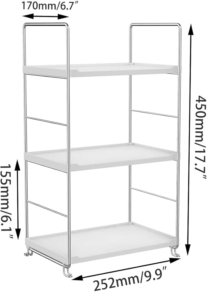 3-Tier Bathroom Countertop Organizer -Makeup Organizer -Corner Storage Shelf- Kitchen Spice Rack Standing Shelf-Great for Vanity, Bathroom, Bedroom, Kitchen (Silver & White)
