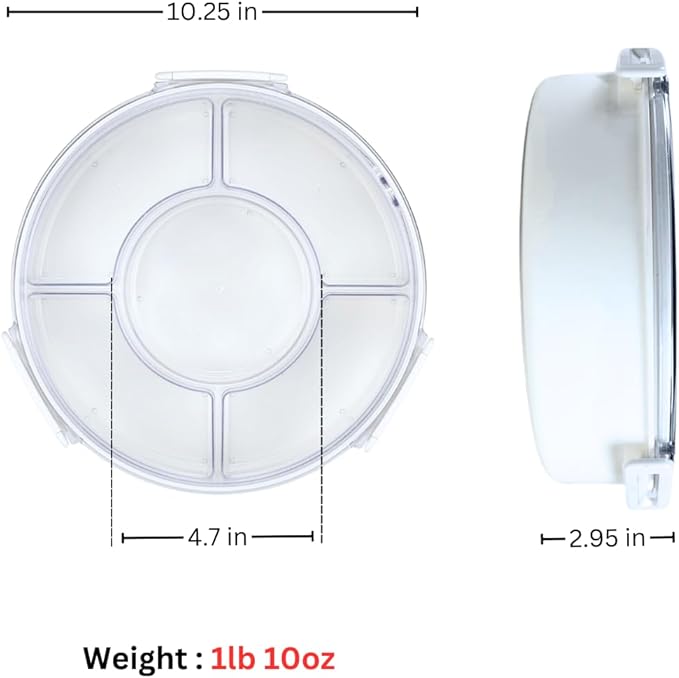 Gourmet Palette Airtight 5-Compartment Round Serving Tray with Lid, Portable Snackle Platter, Charcuterie Organizer Box, Removable Dividers for Fruit, Veggies, Snacks, Appetizers and More
