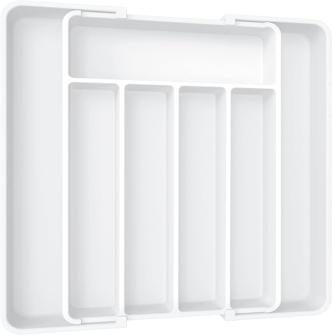 Aujen Expandable Kitchen Drawer Organizer - Adjustable Utensil Organizer, Multipurpose Storage Solution for Forks, Knives, White