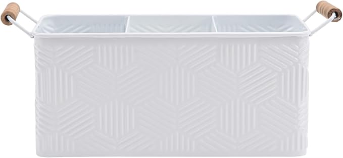 NIKKY HOME Farmhouse White Silverware Organizer with 3 Compartments Cutlery Caddy Kitchen Countertop Flatware Holder for Utensil, Spoons, Knives, Forks, Hexagon Stripe Embossed Pattern