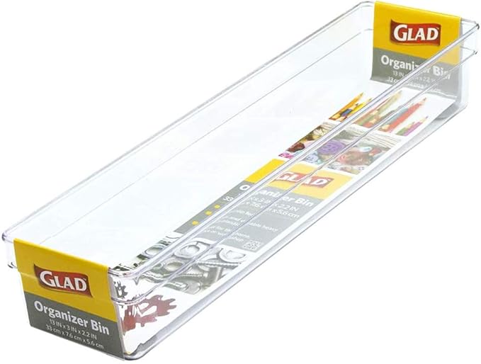 Glad Plastic Drawer Storage Tray – Heavy Duty Organizer Bin for Home, Kitchen, Bath, Bedroom, Office | Non-Slip Feet, 13" x 3", Clear
