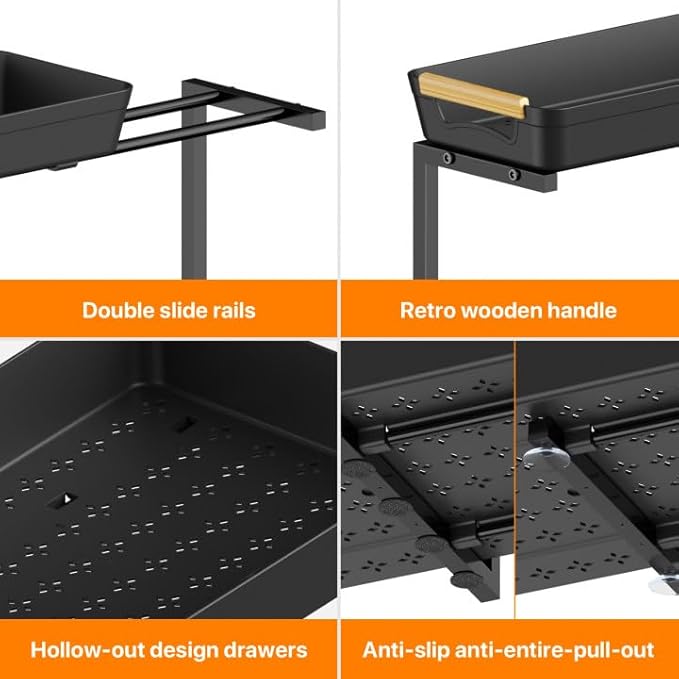2 Pack Under Sink Organizer, 2 Tier Pull Out Under Sink Organziers and Storage, Height Adjustable Slide Out Under Sink Cabinet Organizer for Kitchen Bathroom Laundry