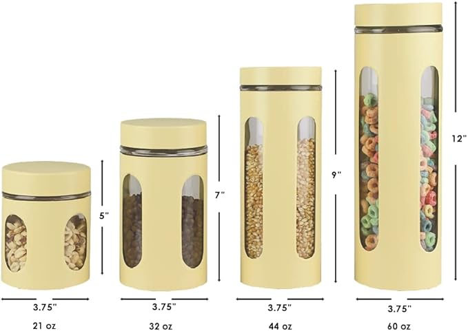Home Basics Retro Kitchen Canisters For Countertop (4 Piece Set) Yellow Glass with Metal Finish; See-Through Windows; Great For Flour, Coffee, Sugar, Dry Ingredients, Snacks