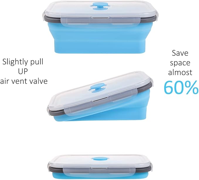 Collapsible Food Storage Containers with Airtight Lid & Air Vent, 4 Sizes, Kitchen Stacking Silicone Collapsible Meal Prep Container Set for Leftover, Microwave Freezer Dishwasher Safe, Blue, Set of 4