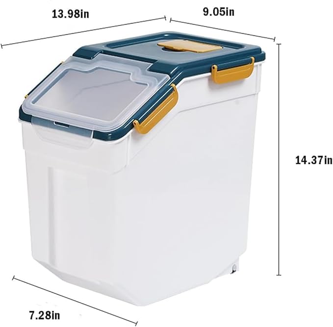 YXQ 25LB Large Flour Storage Container Bin,4 Pack Airtight Plastic with Wheels Seal Locking Lid Dispenser Organizer Storage Bin with Measuring Cup & Scoop for Flour, Rice, Grain 100LBS Total