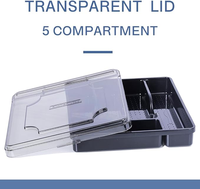 Silverware Organizer With Lid, Utensil Drawer Organizer. Removable Lid, 5 Slots Total Caddy for Flatware Cutlery Knives, Forks, Spoons.Black.