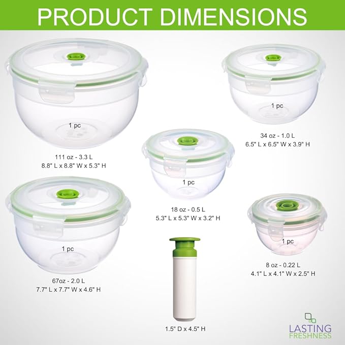 11 piece Vacuum Seal Food Storage Containers with Vacuum Pump, Airtight and Leak Proof, Vacuum Sealed Food Storage Containers, Meal Prep Containers, Keep Food Fresh up to 5 X Longer
