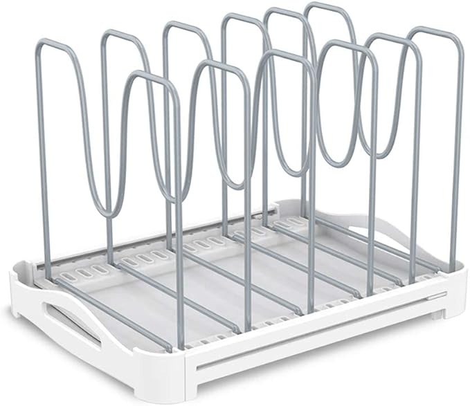 EVERIE Adjustable Bakeware Organizer Pot Lid Holder Rack for Pots, Cake Molds, Cutting Boards, Mats, Cookware, GS02SS, 7.7'' Deep by 12.6'' to 21.5'' Wide