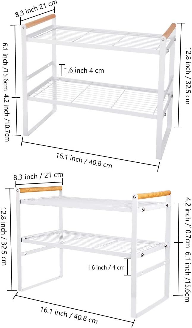 Kitchen Counter Shelf,Space Saving 2 Tier Cabinet Organizer Shelf with Wood Handle,Bathroom Countertop Shelves for Storage and Organization,16.1 x 8.3 x 12.8 Inches (White)