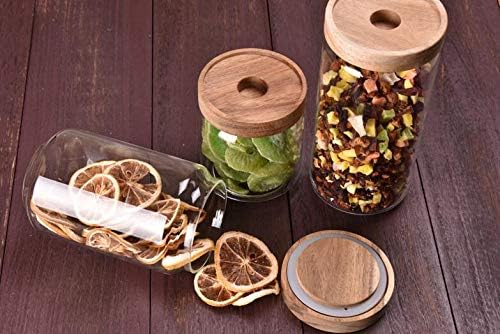 450ML 15OZ Glass Storage Container jars with Sealed Wooden Lids Glass Canister Kitchen Food Storage Containers for Coffee Beans Loose Tea Leaves Nuts Sugar Candy Spice Cookies