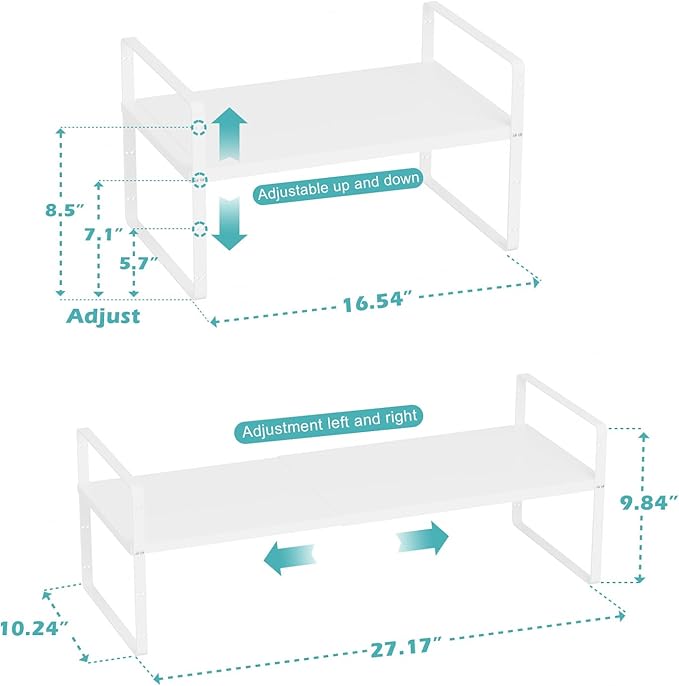 Expandable Cabinet Organizer Shelves - Adjustable Height Stackable Spice Racks for Cabinet,Pantry,Counter,Cupboard - 2 Packs of Kitchen Under Sink Storage Shelves,D:10.24" x W:16.5"-27.2",White