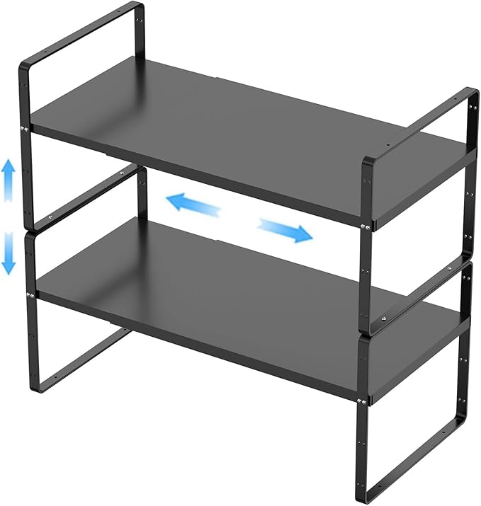 Expandable Kitchen Cabinet Shelf Organizers 2 Pack, Stackable Metal Pantry Storage Shelves Rack, Adjustable Counter Shelf for Cabinets, Countertop, Cupboard Organizers and Storage, Black