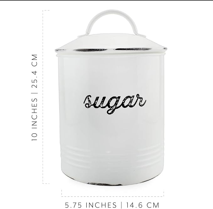 AuldHome Design Enamelware White Sugar Canister; Rustic Distressed Style Staples Storage for Kitchen