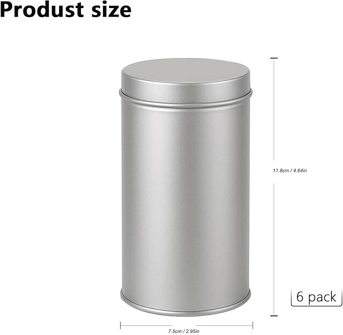 6 Pack Tea Tin Canister with Airtight Double Lids, 12 Fluid Oz Round Metal Canisters – Small Kitchen Storage Containers for Tea, Coffee, Candy, Sugar, Spices (Silver)