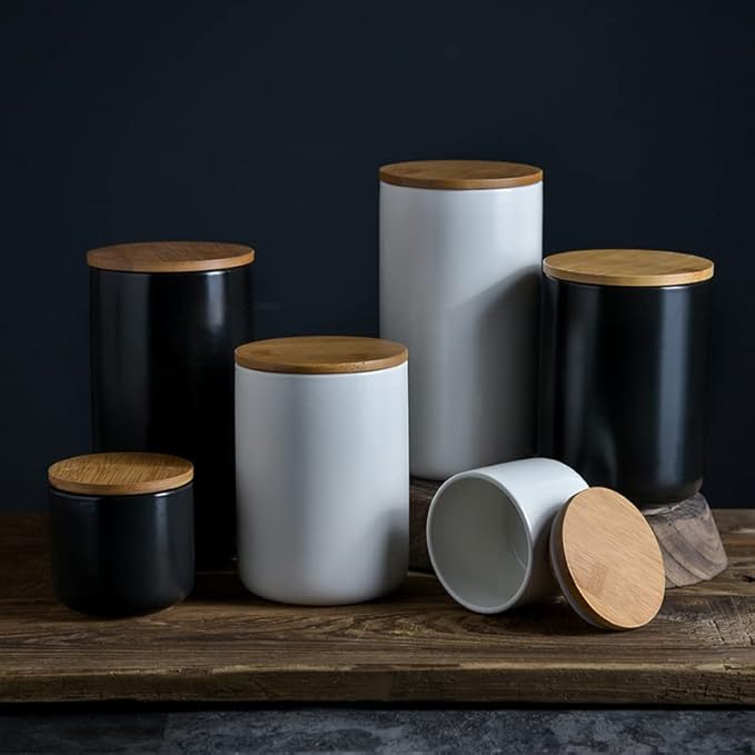 YYW Ceramic Jar with Lid, Kitchen Canisters Set with Airtight Seal Bamboo Lid, Black White Food Storage Canister for Tea, Coffee Bean, Sugar, Flour (Black:three piece)