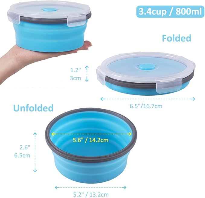 Collapsible Food Storage Containers Round with Airtight Lid, 27 oz, Kitchen Stacking Silicone Collapsible Meal Prep Container Set for Leftover, Microwave Freezer Dishwasher Safe, Blue, Set of 4