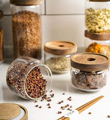 250ML 8.5OZ Glass Storage Container jars with Sealed Wooden Lids Glass Canister Kitchen Food Storage Containers for Coffee Beans Loose Tea Leaves Nuts Sugar Candy Spice Cookies