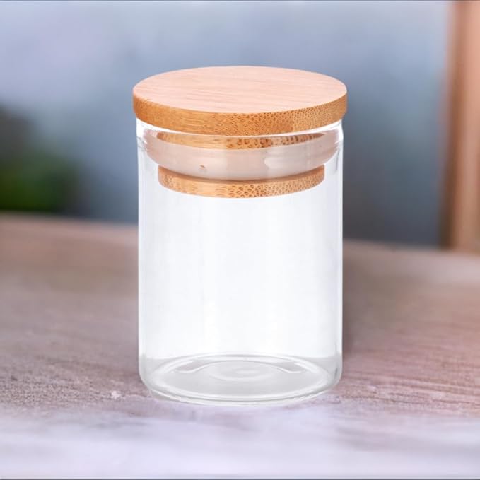JUVITUS 2 oz Clear Glass Tall Borosilicate Jar with Bamboo Silicone Sealed Lid (6 Pack)