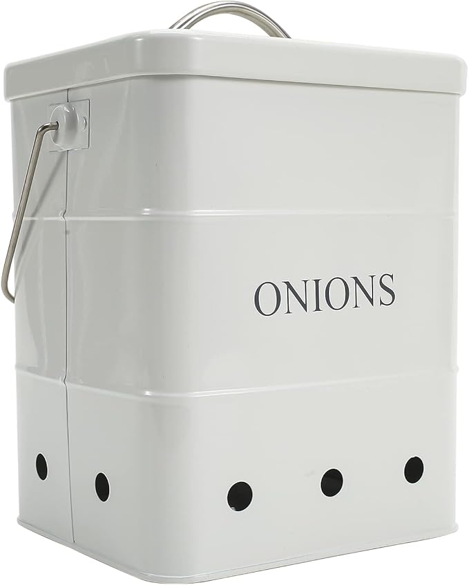 Onion Storage Bin, Metal Storage Tin for Onion, Kitchen Storage Canister with Aerating Tin Storage Holes - Kitchen Pantry Organizer Tin Vegetable Fresh Keeper (White)