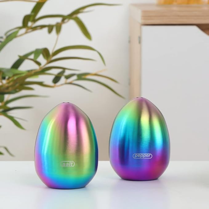 Rainbow Stainless Steel Egg Shaped Salt Pepper Shaker Set Salt & Pepper Dispenser 2 Pieces salt shakers for Kitchen (Rainbow)