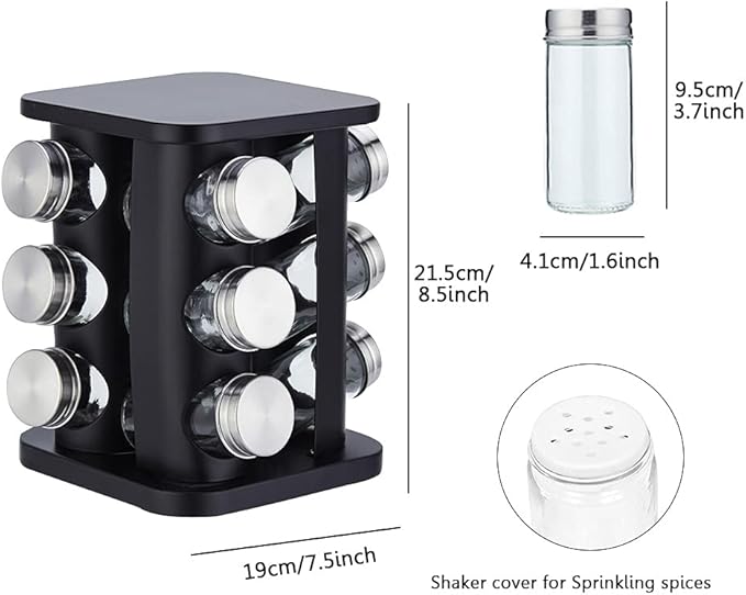 TINMIX Revolving Spice Rack Organizer with 12 Jars, Countertop Spice Seasoning Rack Tower with 12 Glass Jar Bottles Refillable for Kitchen Cabinet, Stainless Steel, Black