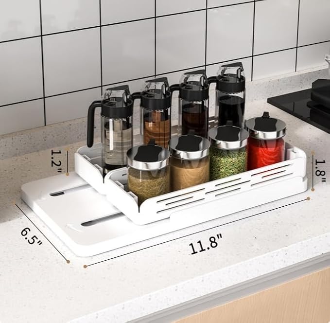 Set of 2 Sliding Spice Rack Organizers - Pull & Rotate Seasoning Storage for Cabinets, Slide-Out 2-Tier Kitchen Shelves with Non-Slip Base (11.8"" D x 6.5"" W x 8.5"" H), General, White