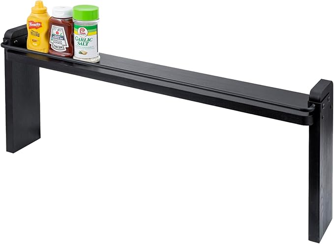 MyGift 33 Inch Wide Over The Stove Top Spice Shelf, Rustic Coal Black Solid Wood and Industrial Black Metal Space Saving Stovetop Range Storage Display Rack