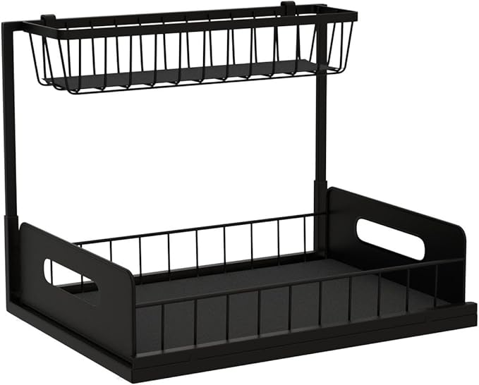 Under Sink Organizer,Metal Pull Out Kitchen Cabinet Organizer with Sliding Drawer,Sturdy Multi-Functional for Bathroom Organization,Black