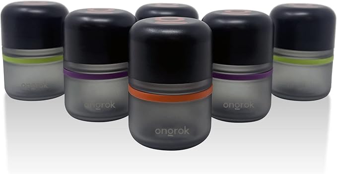 ONGROK Glass Storage Jar, 80ml, 6 Pack, UV Herb/Spice Jar with Child Resistant Lid, Color-Coded Glass Containers Air Proof to Preserve Smell and Aroma, Perfect Size to Store in a Drawer or Cupboard