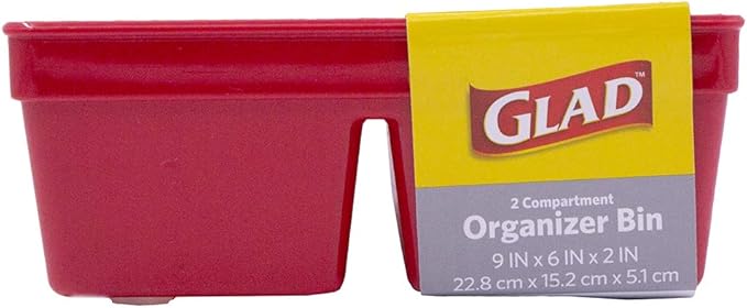 Glad Plastic Drawer Storage Tray – Heavy Duty Organizer Bin for Home, Kitchen, Bath, Bedroom, Office | Non-Slip Feet, Red, 2-Compartment