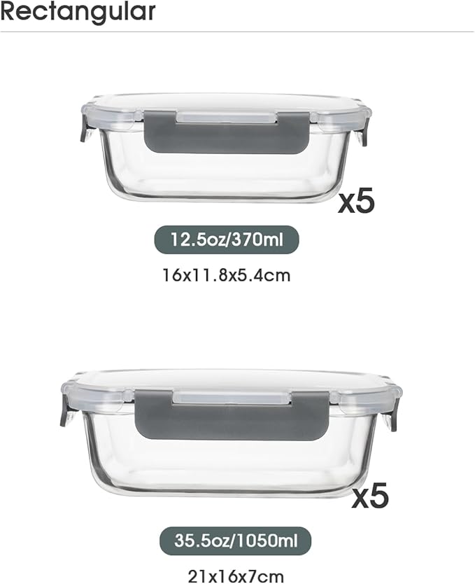 Glass Food Storage Containers with Lids,20 Pieces Glass Storage Container sets,Meal Prep Container,Airtight Glass Lunch Containers,Leakproof,BPA Free(10 lids & 10 Containers)