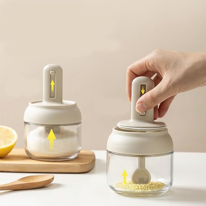 Yosoo Seasoning Jar, Retractable Spoon Glass Transparent Condiment Storage Container Box Glass Home Kitchen Canisters Food Storage Salt Sugar Containers Jars for Sugar Coffee Nuts Seasoning Box