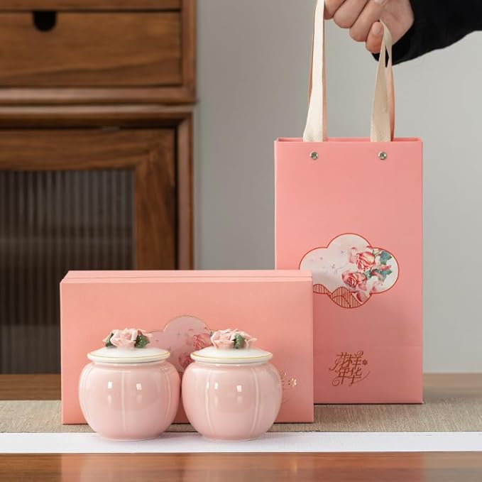 the wonderful years of youth Ceramic Storage Jars, Vintage Chinese Style Storage Jars with airtight Traditional Tea Tins Cans Canister for Kitchen Spice, biscuit,Tea, candy,Coffee,red,pink (Pink)
